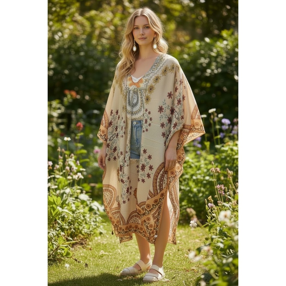 Woven Heart Kimono Cover Up Shawl Sheer Brown Floral Boho Tassels Open One Size